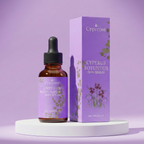 Cyperoot Cyperus Rotundus skin serum bottle and purple packaging box standing on a white podium, premium organic skincare.