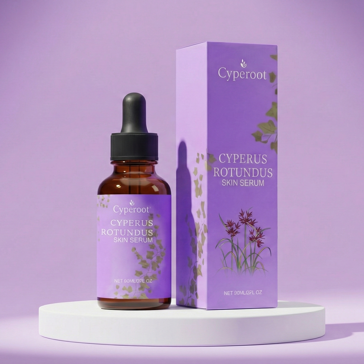 Cyperoot Cyperus Rotundus skin serum bottle and purple packaging box standing on a white podium, premium organic skincare.