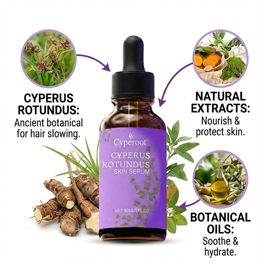 Bottle of Cyperoot Cypress Rotundus skin serum with botanical imagery and text on a white background