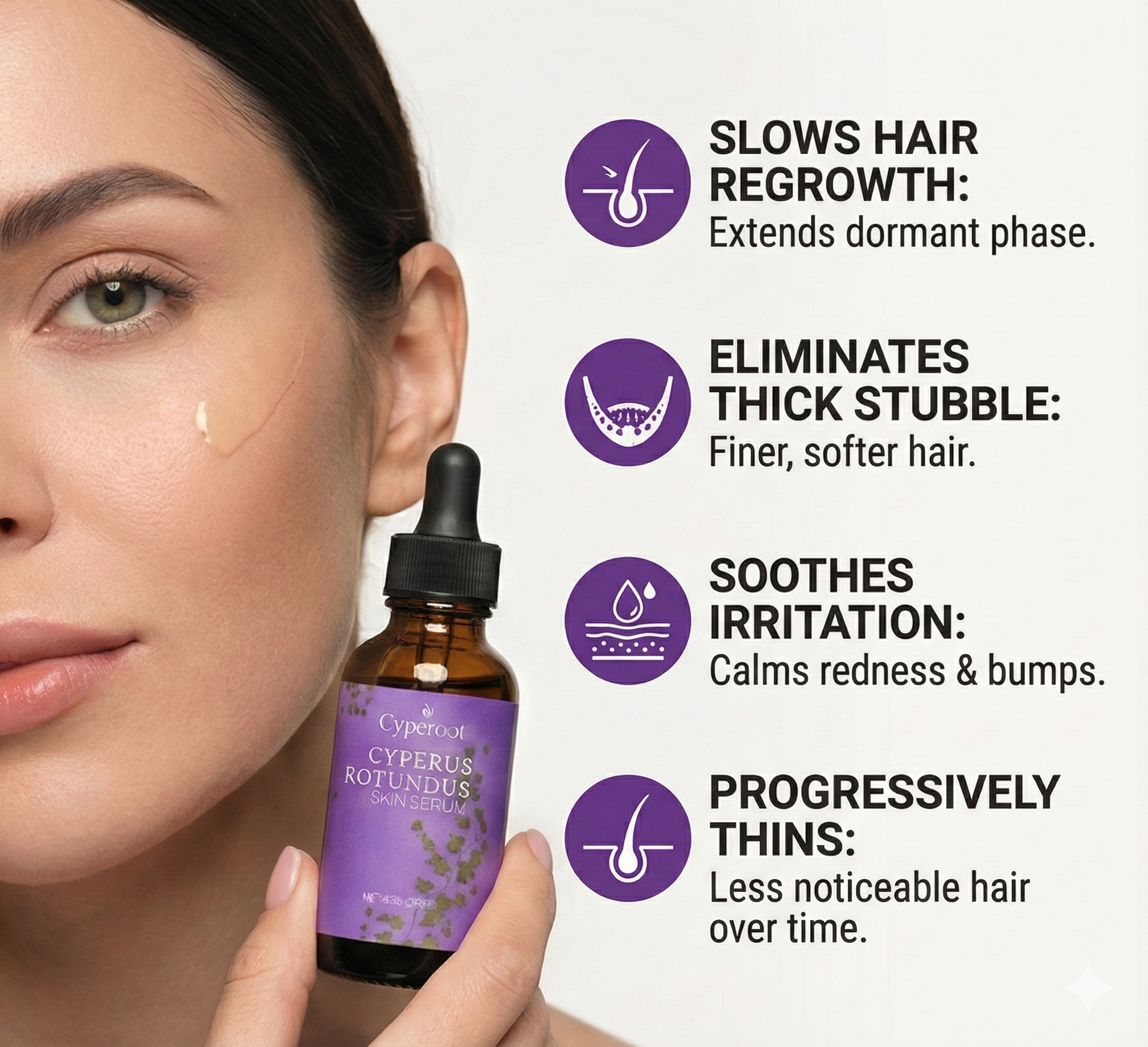 Woman holding a bottle of Cyperus Rotundus serum with product benefits displayed.